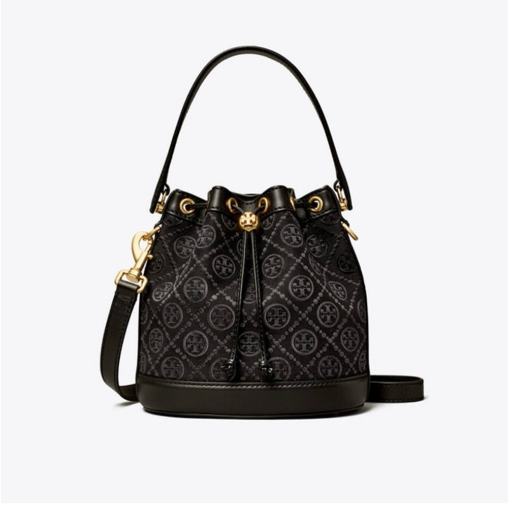 Tory Burch Black and Gold Bucket Shoulder Bag